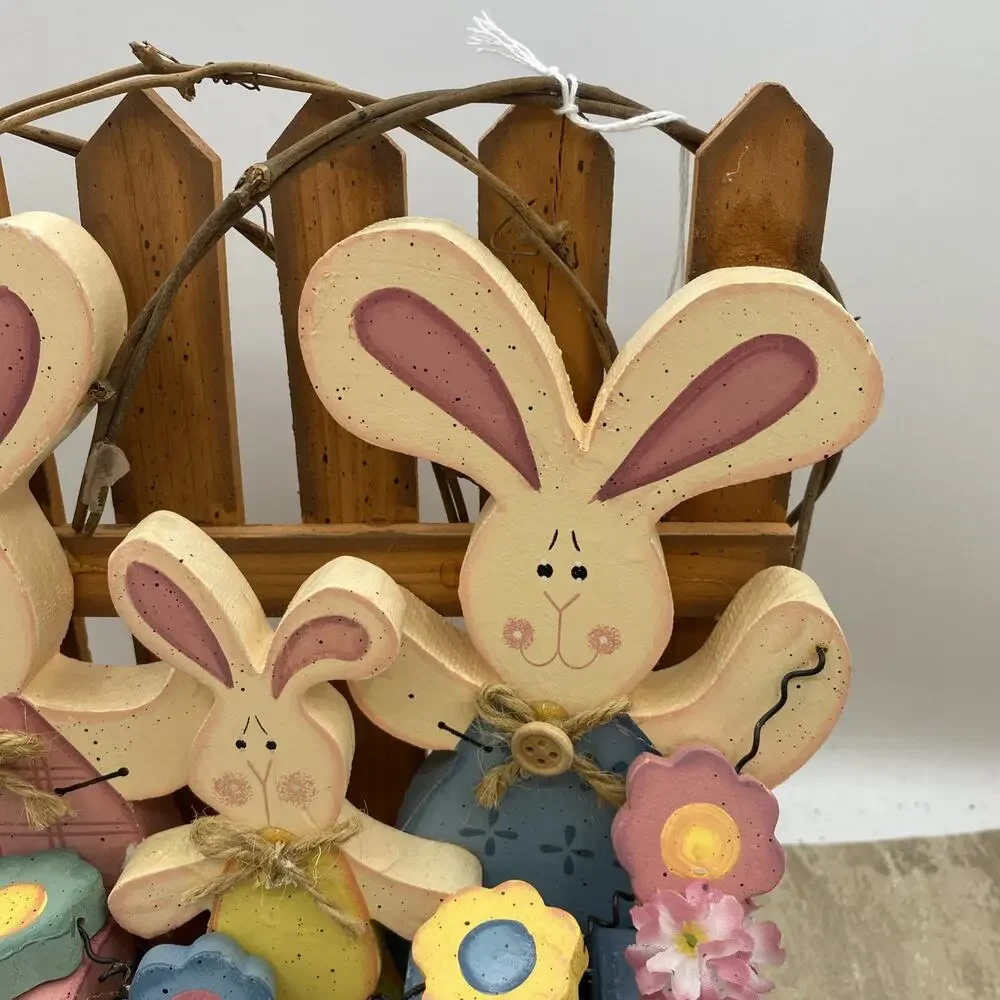 Hand crafted wooden Easter bunnies flowers Decor centerpiece 8X2.5X9.75” Tall